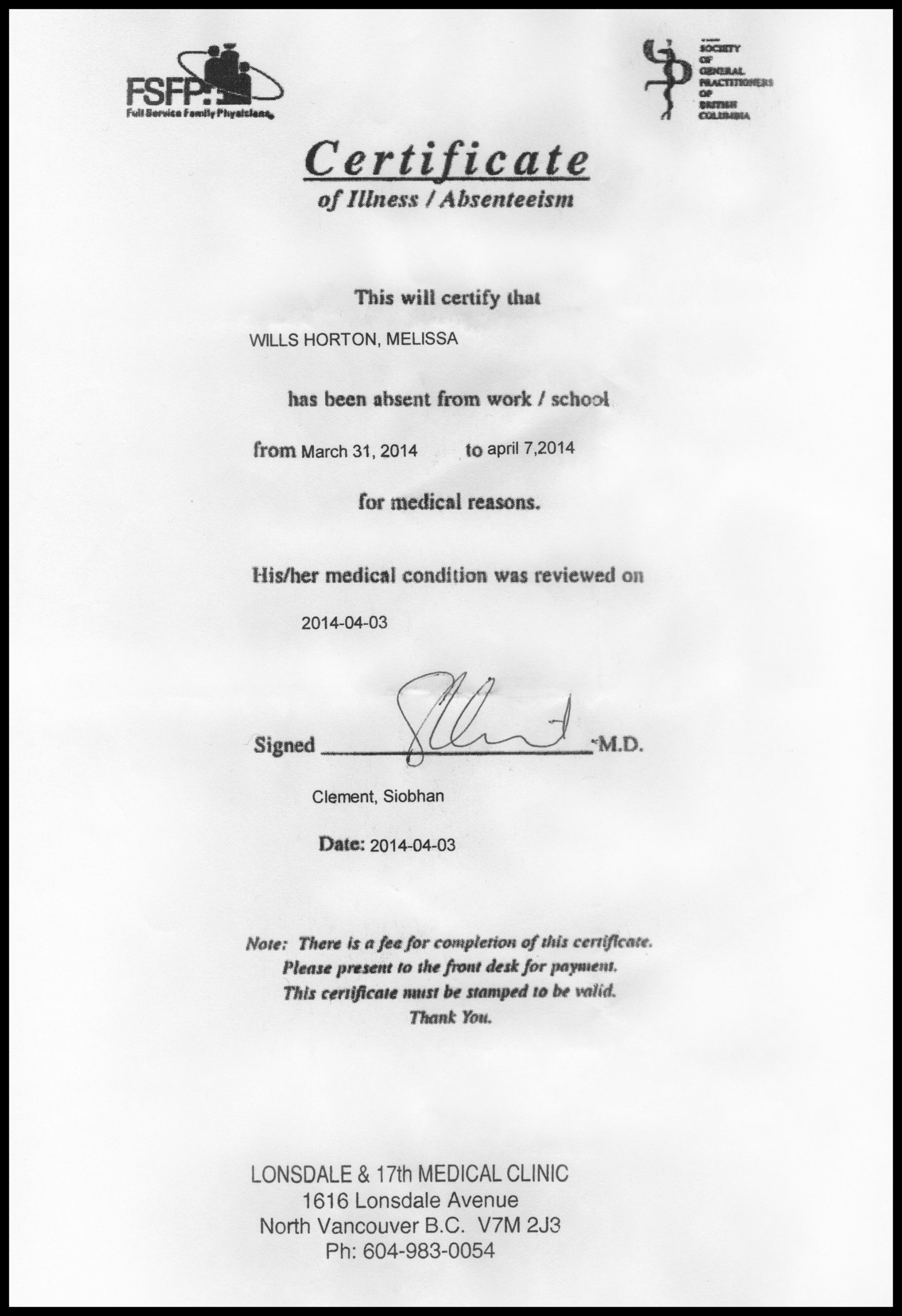 Certificate of Illness/Absenteeism